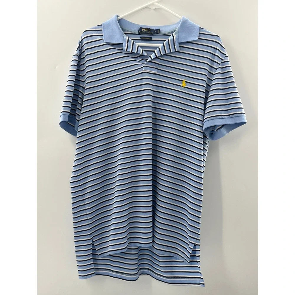 Polo Ralph Lauren Mens Performance Stripe Polo Shirt Light Blue Yellow Pony L
